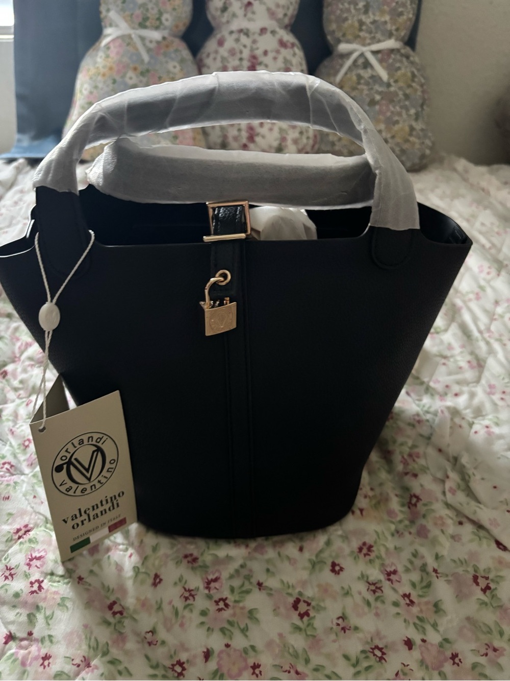 Valentino Orlandi Black Tote with Gold Lock Charm